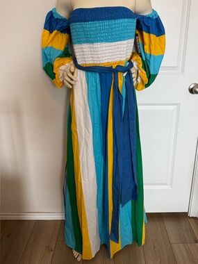 NWT 100% Cotton New York & Co Blue, Yellow, Green, & White Striped Maxi Dress